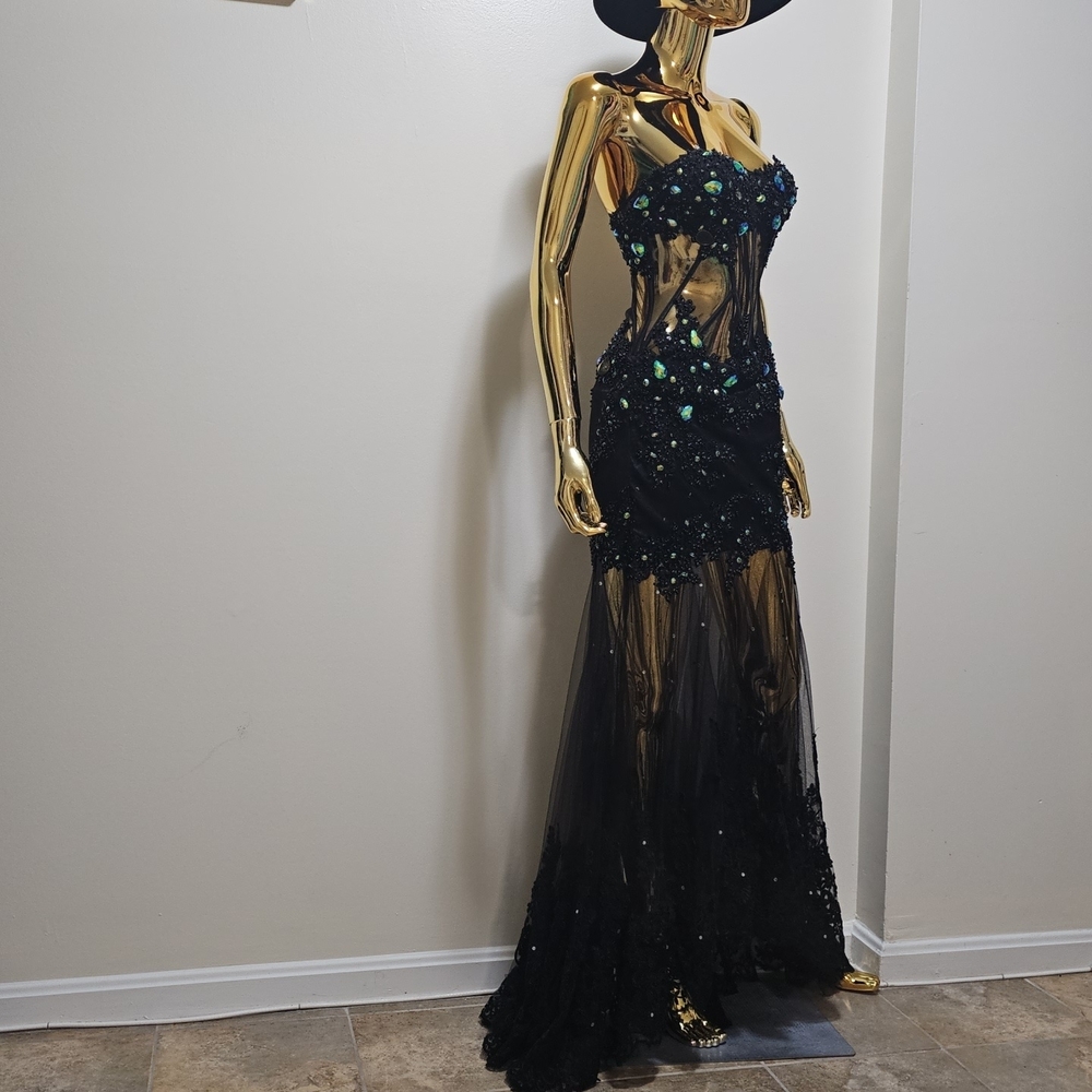 Alyce Paris Strapless Black Dress with Blue and Green Embellishments - Picture 3 of 8